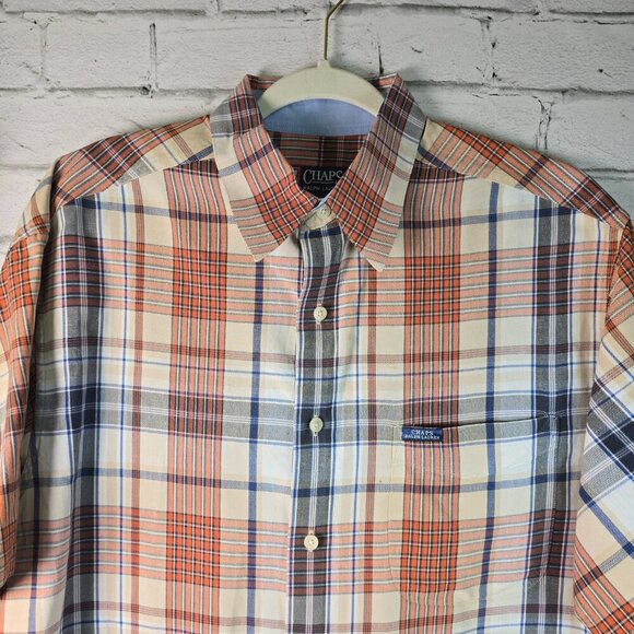 CHAPS BY RALPH LAUREN SHORT SLEEVE BUTTON DOWN ORANGE AND BLUE PLAID LARGE - Picture 4 of 7